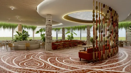 white stone totem poles,hotel lobby,pan pacific hotel,eco hotel,lobby,3d rendering,largest hotel in dubai,oria hotel,hotel riviera,breakfast room,interior decoration,golf hotel,jumeirah beach hotel,pa