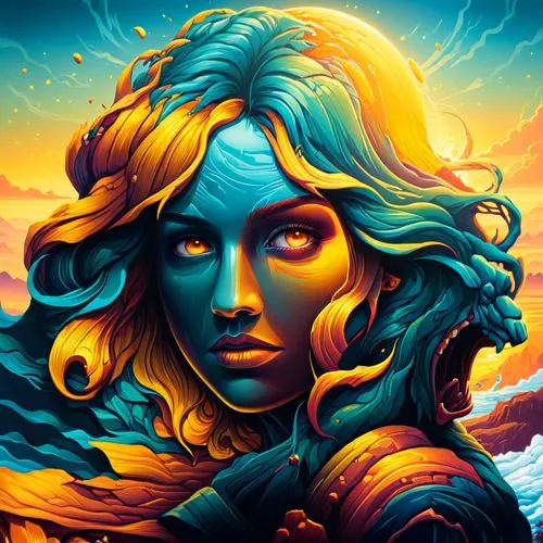 a colorful painting of a woman with long hair and orange eyes,welin,duenas,fantasy art,sundancer,andromeda,fantasy portrait,Illustration,Realistic Fantasy,Realistic Fantasy 25