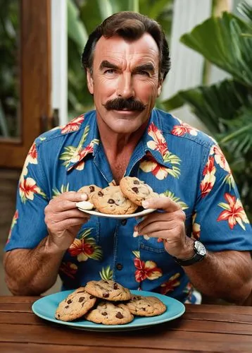 Tom Selleck, Magnum PI, mature man, rugged face, mustache, Hawaiian shirt, denim pants, holding a plate of freshly baked chocolate chip cookies, warm lighting, cozy atmosphere, wooden table, wicker ch