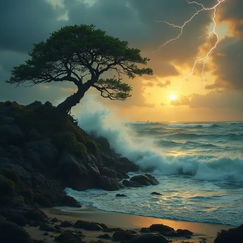 sea storm,isolated tree,lone tree,lightning storm,nature's wrath,force of nature,Illustration,Realistic Fantasy,Realistic Fantasy 29