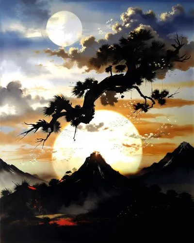 a sunset with trees and mountains in the distance,okami,hokusai,muramasa,moon and star background,dusk background,rising sun,Illustration,Paper based,Paper Based 30