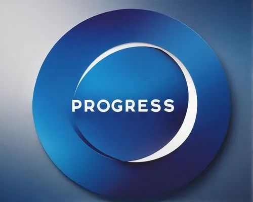 Progress logo, modern corporate design, dynamic circular shape, bright blue color scheme, sleek metallic texture, subtle gradient effect, bold white font, uppercase lettering, futuristic ambiance, low