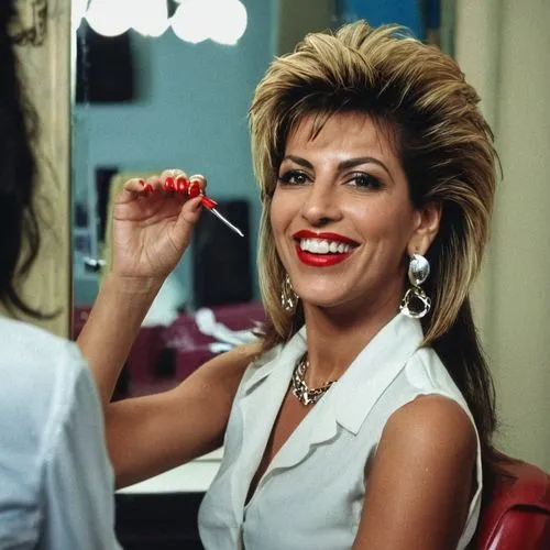 Portrait of attractive elegant rich happy smiled laughing red lipsticked 40 years old arabic woman painting red her nails  in large button square earrings with 1980s style mullet  hair, sitting in the