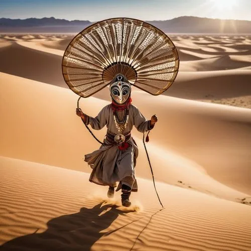 a tengger with large, round eyes and a powerful fan on its head struts through a barren and barren desert landscape. The sun beats down on the scene, casting long shadows on the ground and sand dunes.