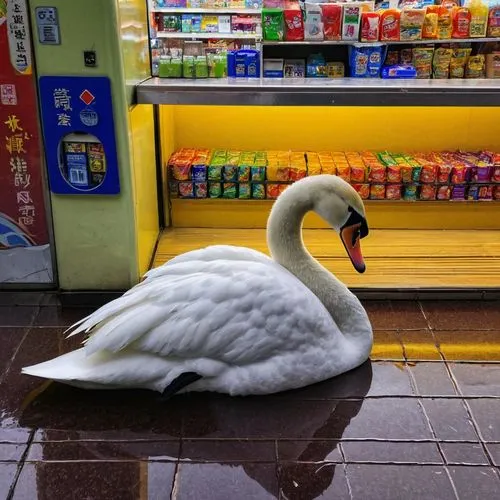 A swan resting at a convenience store,white swan,swan,swanning,the head of the swan,young swan,cygnet,ornamental duck,diduck,swansong,swanlike,trumpet of the swan,lameduck,swanee,taikoo,trumpeter swan