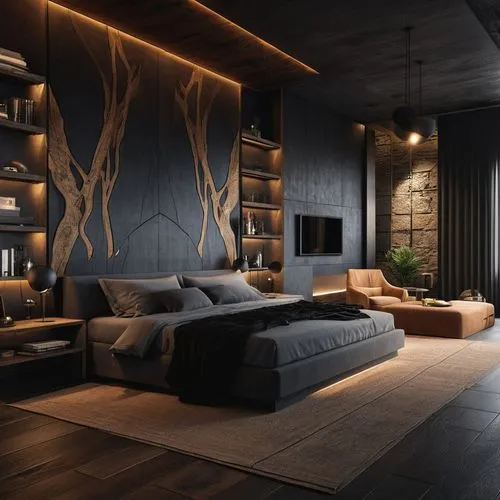 BLACK THEME ,RUSTIC INTERIOR , 32K ULTRA REALISTIC,interior design,modern room,modern decor,loft,great room,interior modern design,modern living room,sleeping room,contemporary decor,livingroom,wooden