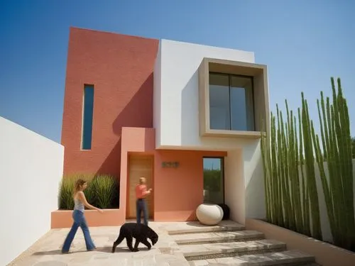 there are two people walking around the outside of a house,passivhaus,dunes house,cubic house,majorelle,vivienda,corbu,Photography,General,Cinematic