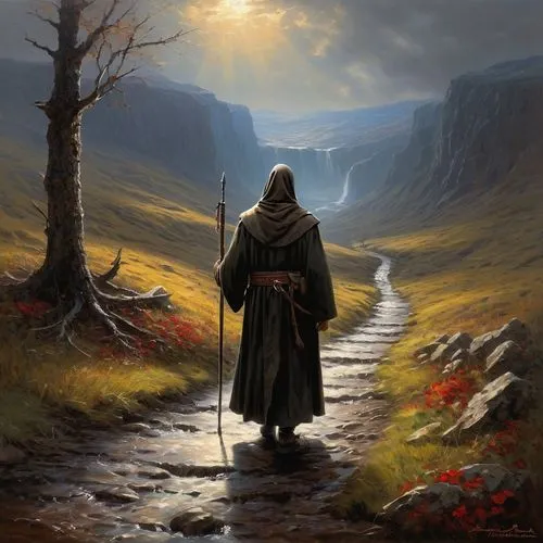 pilgrimage,the wanderer,fantasy picture,malazan,skal,the mystical path,siggeir,pilgrim,cadfael,irminsul,asatru,camino,glorfindel,nargothrond,the path,gravgaard,guards of the canyon,cirith,wiglaf,steinborn,Conceptual Art,Oil color,Oil Color 06