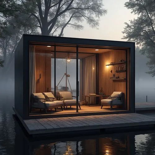 floating huts,inverted cottage,cubic house,houseboat,pool house,electrohome,cube stilt houses,small cabin,3d rendering,prefabricated,summer house,cube house,wooden sauna,render,mirror house,houseboats,demountable,house by the water,summer cottage,cabin,Photography,General,Realistic