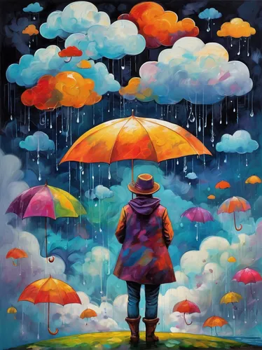 man with umbrella,walking in the rain,umbrellas,raindops,little girl with umbrella,raincloud,umbrella,rainy day,raincoat,rainy season,rain,monsoon,brolly,rains,oil painting on canvas,raindrops,summer umbrella,rainy,colorful background,precipitation,Illustration,Abstract Fantasy,Abstract Fantasy 13