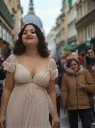 dancing in front of the camera,a woman stands in front of a crowd with one eye closed,parisienne,parisian,netrebko,paris,parisii,paris shops