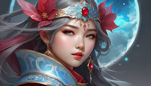 oriental princess,fantasy portrait,chinese art,mulan,inner mongolian beauty,oriental,lunar eclipse,fantasy art,oriental girl,lunar,yi sun sin,peking opera,luna,mystical portrait of a girl,zodiac sign libra,moon and star,oriental painting,world digital painting,geisha,sun moon,Illustration,Realistic Fantasy,Realistic Fantasy 01