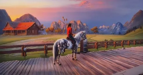 landscape background,salt meadow landscape,fantasy landscape,mountain scene,fantasy picture,rural landscape,home landscape,horseback,man and horses,horse-drawn,horse drawn,american frontier,world digital painting,cartoon video game background,painted horse,equine,pony farm,horseback riding,horses,fantasy art,Illustration,Paper based,Paper Based 04