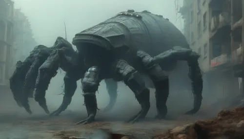 The creature walks slowly, with its metallic weight leaving marks on the ground destroyed by the battle.,the giant spider is standing out in the street,giant spider,walking spider,tarantula,shelob,gra