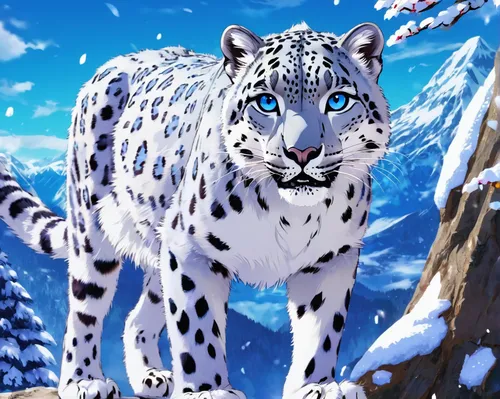 snow leopard,blue tiger,white tiger,ocelot,white bengal tiger,siberian tiger,big cat,felidae,cat with blue eyes,leopard,spots eyes,leopard's bane,dalmatian,royal tiger,winterblueher,cheetah,snowy,glory of the snow,diamond zebra,big cats,Illustration,Japanese style,Japanese Style 03