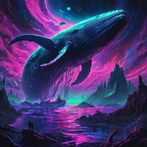 cuthulu,xeno,bioluminescent,vast,whale,alien world,oscura,humpback whale,manta,atlanticus,geist,bioluminescence,leviathans,orca,alien planet,venusian,semiaquatic,kraken,dolphin background,sacoglossan,Illustration,Realistic Fantasy,Realistic Fantasy 47