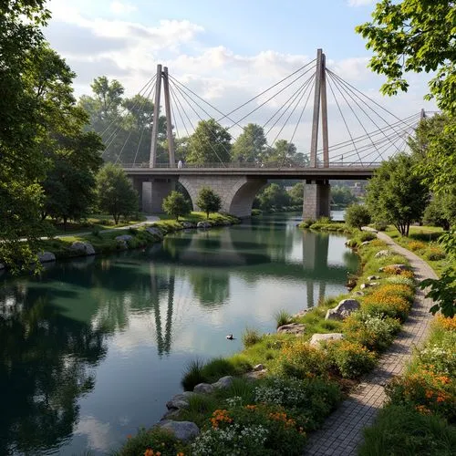 Panoramic bridge views, serene water reflections, lush green riverbanks, vibrant flowers, rustic stone piers, modern steel arches, sleek cable-stayed design, gentle slope approaches, pedestrian-friend