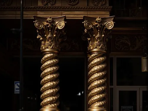 Ornate column, gilded details, spiral flutes, carved capitals, ornamental volutes, lavish decorations, rich textures, golden accents, intricate patterns, grandiose proportions, dramatic lighting, high