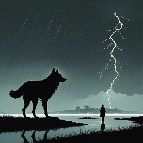 thunderstorm,howl,thunderstorm mood,dog illustration,boy and dog,two wolves,howling wolf,rain cats and dogs,wolf,wolves,nature's wrath,sci fiction illustration,wolfman,wolfdog,storm,thunder,werewolves,companion dog,game illustration,fox in the rain,Illustration,Japanese style,Japanese Style 08