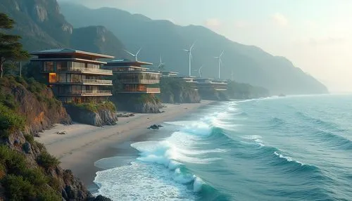 oceanfront,lefay,amanresorts,seaside resort,cliffs ocean,beachfront,japanese waves,coastline,beach resort,pacific coastline,shorefront,seaside view,clifftop,mountain beach,ocean waves,cliffside,oceanview,ocean view,uluwatu,floating huts,Photography,General,Realistic