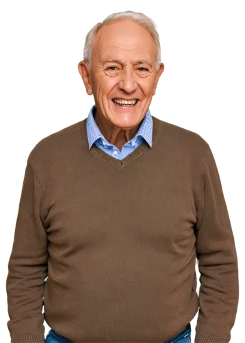 Elderly man, unhappy facial expression, bad dentures, yellowish teeth, gaps between teeth, crooked smile, thinning hair, wrinkled skin, brown sweater, plain white shirt, sitting on couch, 3/4 composit