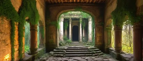 Ancient ruins, mysterious temple, intricate stone carvings, overgrown with vines, crumbling walls, ornate pillars, grand entrance, symmetrical composition, warm golden lighting, dramatic shadows, mist