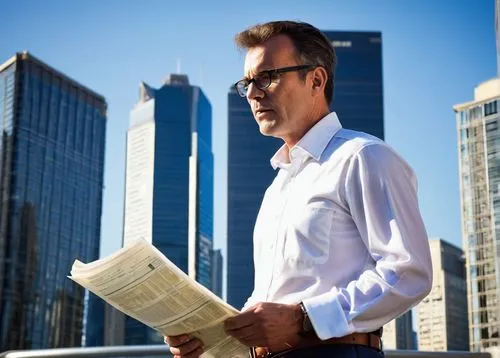 Male, mature, architectural engineer, standing, confident posture, black-framed glasses, short brown hair, slight stubble, white shirt, rolled-up sleeves, dark blue pants, leather belt, holding bluepr