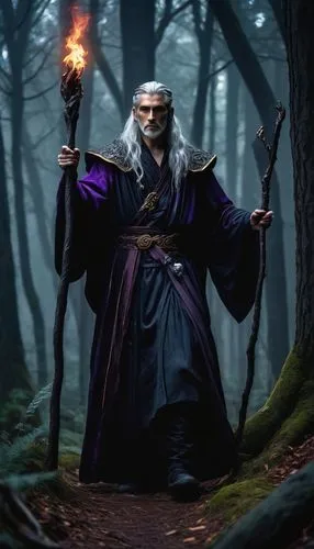 Darkaro Lykos, mysterious sorcerer, tall, lean build, black robes with gold trim, long silver hair, piercing red eyes, sharp jawline, pale skin, intricate tattoos on hands, holding a staff with glowin