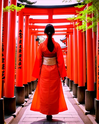 fushimi inari shrine,fushimi inari-taisha shrine,geisha girl,torii,kyoto,geisha,torii tunnel,japanese woman,japanese culture,senbon torii,orange robes,japanese style,shinto shrine gates,beautiful japan,shinto,senso-ji,shinto shrine,japan garden,mukimono,red lantern,Illustration,Paper based,Paper Based 28