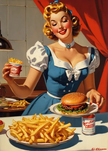 american food,fast-food,fastfood,retro diner,with french fries,diet icon,fast food,fifties,fast food junky,western food,calorie,pin ups,retro pin up girls,burger and chips,junk food,gluttony,pin-up girls,fast food restaurant,woman eating apple,woman holding pie,Illustration,Retro,Retro 10