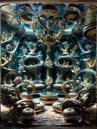 china cabinet,fractals art,baroque,tureen,escher,chinaware,rococo,fractals,mandelbulb,3d fantasy,underwater landscape,aquarium decor,tea service,under sea,ceramic hob,sistine chapel,surrealism,fractal environment,fishes,aquarium