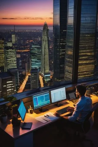 Modern skyscraper, cityscape, evening, warm lighting, microservice architecture diagram, multiple screens displaying data, developers working together, diverse team, laptops, notebooks, post-it notes,