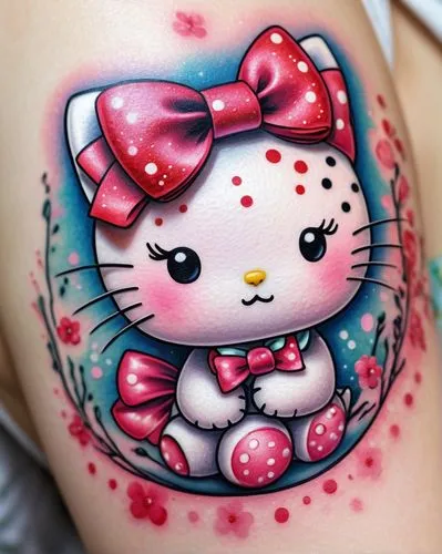 Cute Hello Kitty tattoos, colorful, cartoonish, feminine, Japanese-style, tiny nose, whiskers, bow on head, pink ribbon, white and red polka dots, sparkles, shimmering effects, glossy finish, skin ton