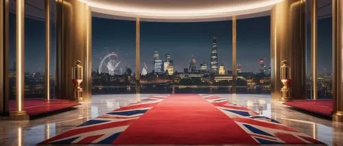 Modern architecture, sleek lines, futuristic design, UK flag, British culture, prestigious award ceremony, elegant stage, spotlights shining down, polished marble floor, luxurious red carpet, golden t