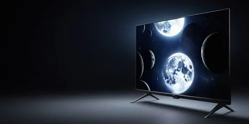 a philips tv standing dark glass.  with fully HD universe with stars and moon  on the background,the tv is glowing with full moon lights,plasma tv,television,hdtv,audiovisual,plasmas,smart tv,Photogra