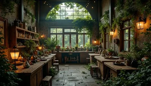 herbology,apothecary,rustic aesthetic,tearoom,teahouse,dandelion hall,inglenook,teashop,breakfast room,rustic,indoor,tavern,tavernas,wooden windows,flower shop,nook,winter garden,courtyards,potted plants,wintergarden