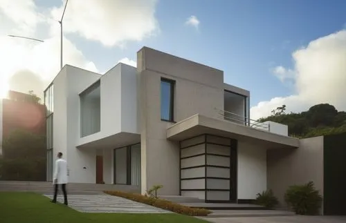 a man stands in front of a modern style house,modern house,modern architecture,fresnaye,cubic house,corbu,cube house,Photography,General,Realistic