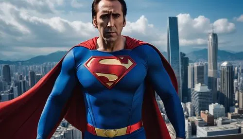 Nicolas Cage, Superman costume, muscular build, intense gaze, strong jawline, iconic S shield on chest, blue and red suit, cape flowing behind, dynamic pose, fists clenched, cityscape background, Metr