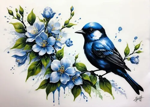 blue birds and blossom,bird painting,flower and bird illustration,bluejay,blue jay,blue bird,watercolor bird,blue painting,watercolor blue,western bluebird,bird illustration,flower painting,bluebird,indigo bunting,tickell's blue flycatcher,ink painting,bird flower,blue wren,magpie,floral and bird frame,Conceptual Art,Fantasy,Fantasy 03