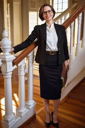 Julia Morgan, architecture, female architect, 30s, short brown hair, glasses, elegant smile, white shirt, black blazer, pencil skirt, heels, holding blueprints, standing, San Francisco, Victorian home