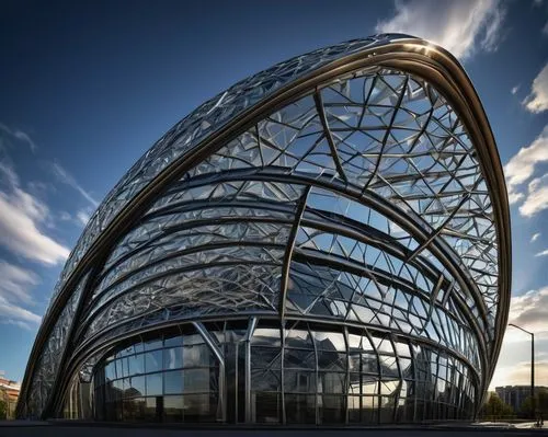 Modern architecture, futuristic building, curved roof, complex truss design, steel structure, silver metallic material, reflective surface, geometric patterns, intricate details, urban cityscape, clou