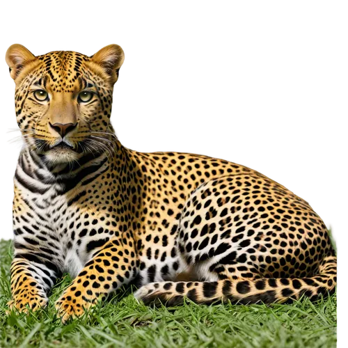 Wild leopard, solo, lying down, relaxation, yellow fur, black spots, sharp claws, whiskers, ears perked up, bright eyes, natural habitat, savannah, green grass, warm sunlight, panoramic view, shallow 