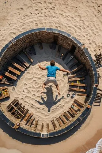 Man is jumping into dungeon; beach and bar on the bottom of dungeon,a person on the sand inside a hole,sand clock,sand art,greek in a circle,sand sculpture,sand sculptures,sandrart,Photography,General