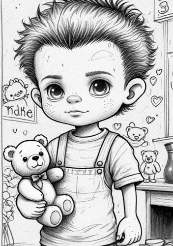 : Design Sketch-Rough Outline ,a black and white drawing of a boy holding a teddy bear,3d teddy,cute cartoon image,coloring pages kids,cute cartoon character,teddies,coloring page,Design Sketch,Design