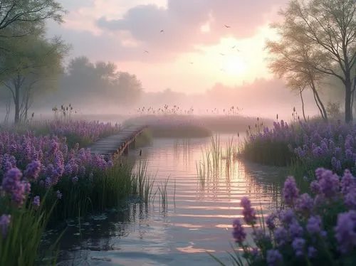 polders,purple landscape,river landscape,wetlands,wetland,spring morning,daybreak,marshlands,dutch landscape,meadow landscape,pond,fantasy landscape,beauty scene,cryengine,polder,lavender field,riverlands,evening lake,lavender fields,meadow,Photography,General,Realistic