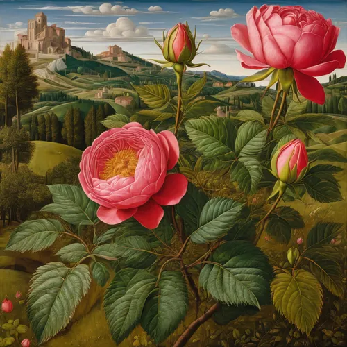 landscape rose,botticelli,bella rosa,way of the roses,noble roses,camellias,bach flowers,rosa zephirine drouhin,secret garden of venus,flower of the passion,splendor of flowers,florentine,albrecht dürer,pink roses,flowering plants,still life of spring,rosebushes,bibernell rose,flower garden,the sleeping rose,Art,Classical Oil Painting,Classical Oil Painting 19