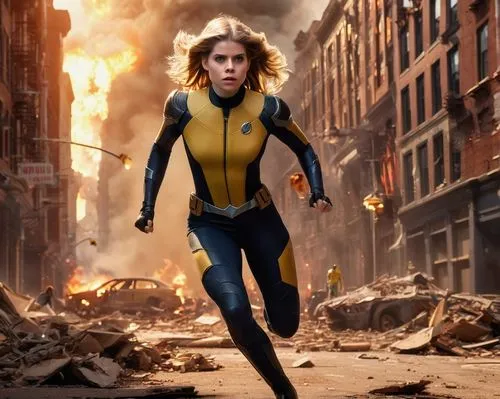 A young (((20 years old))) Lucy Boynton as Kitty Pryde (((she has long straight brown hair, ponytail hairstyle, dressed with X-Men black and yellow uniform suit)), in an alternate Marvel Universe. She