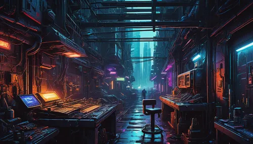 cyberpunk-themed illustration, futuristic weapon, disassembling mods, detailed hands, mechanical tools, neon lights, dark alley, cybernetic enhancements, close-up, high-tech workbench, scattered parts