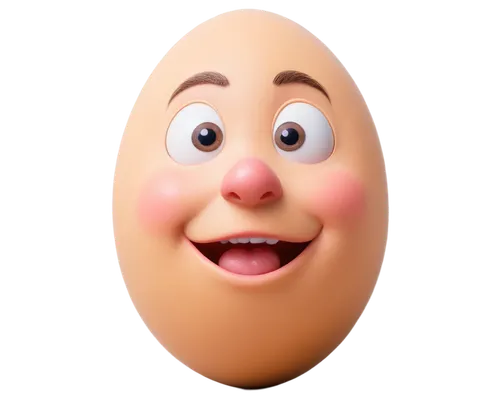 yellow egg, smiling face, big bright eyes, curved eyebrows, rosy cheeks, tiny nose, closed mouth, white highlights, glossy texture, round shape, frontal view, centered composition, soft focus, warm li