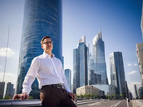 Adult, male, intermediate architectural designer, 30s, bespectacled, short brown hair, casual makeup, white dress shirt, dark blue trousers, black leather shoes, holding a blueprint, standing in front